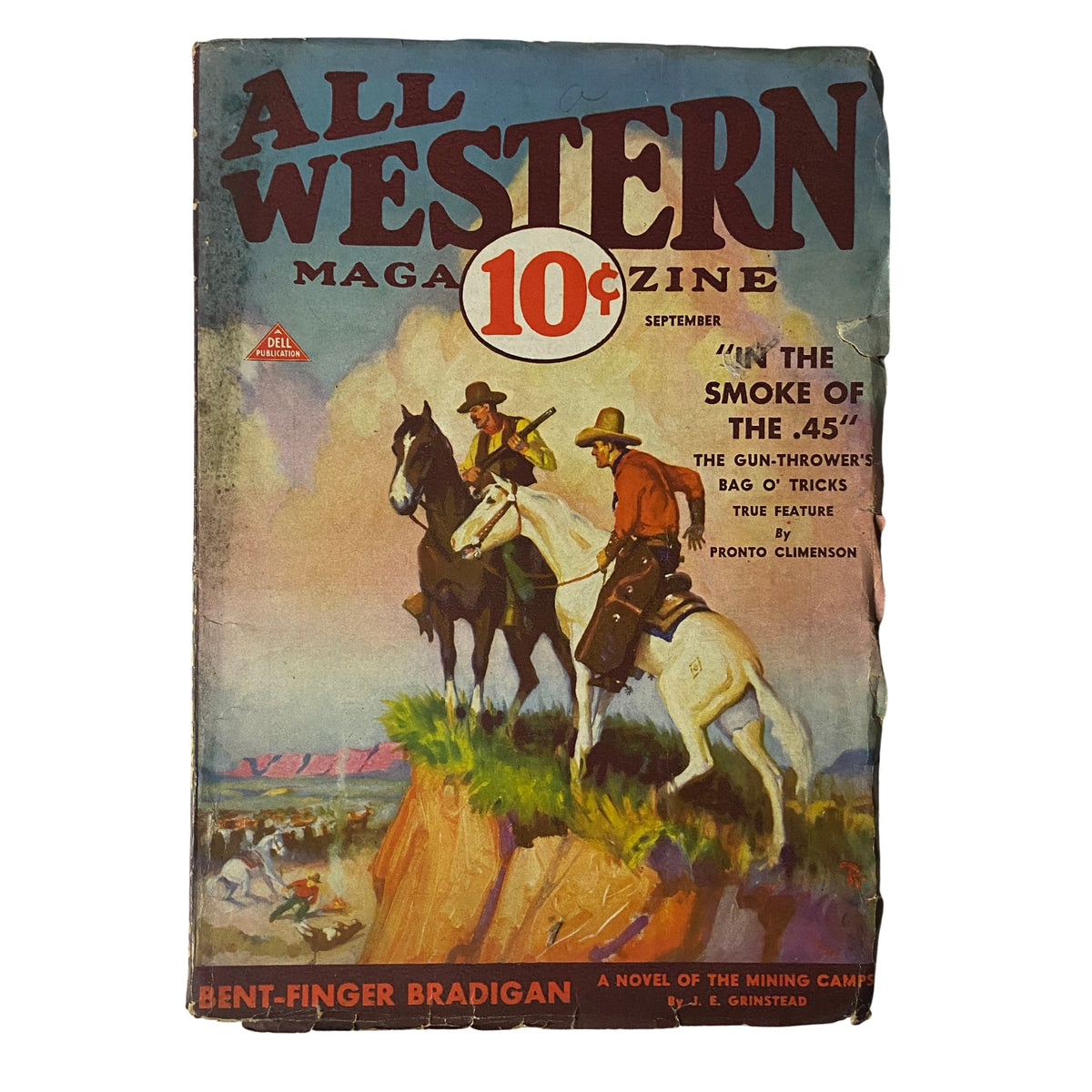 Cover of All Western Magazine, September 1932 edition featuring ‘In The Smoke of the .45’ with cowboy graphics and titled ‘Bent-Finger Bradigan’.