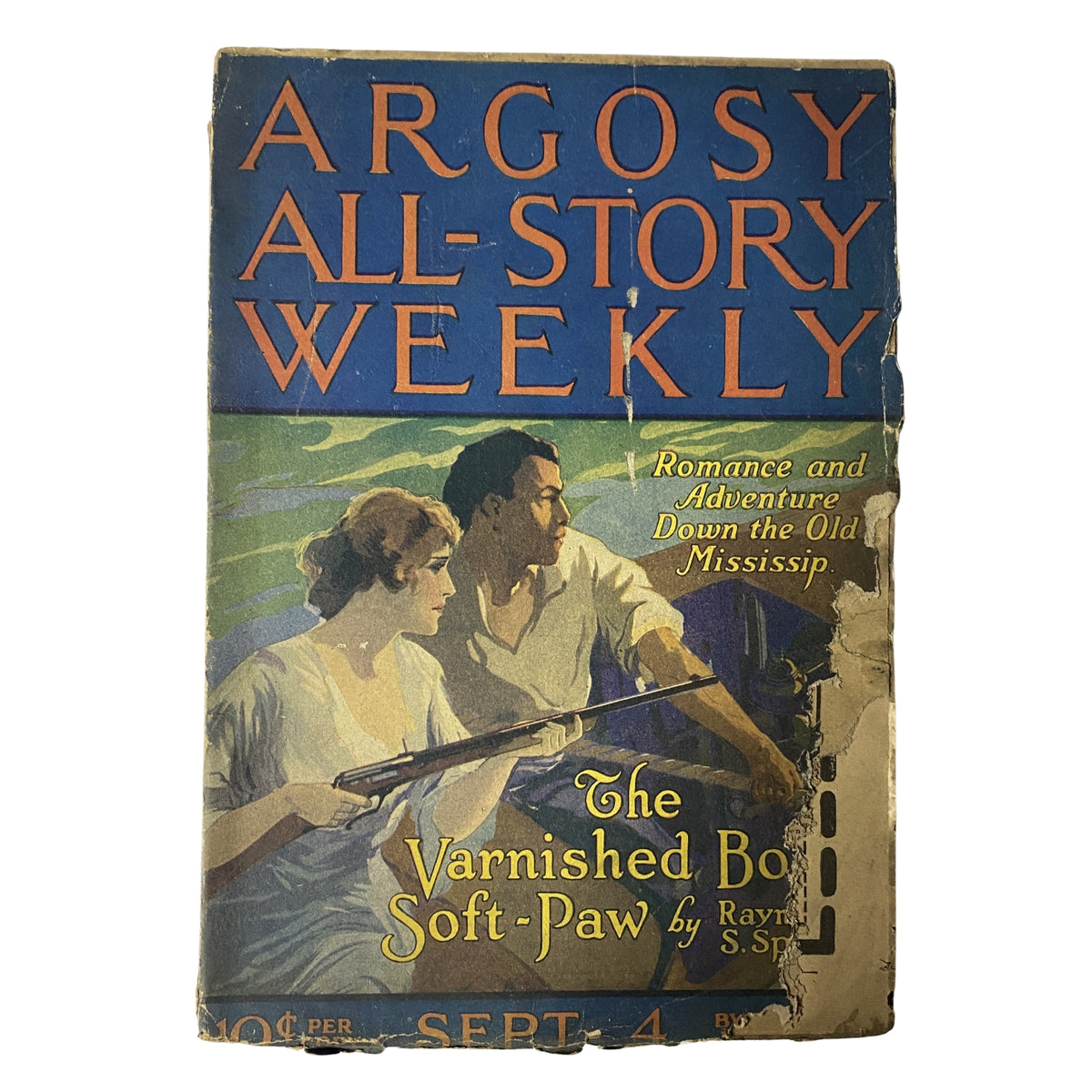 Argosy All-Story Weekly magazine cover from September 4, 1920, featuring the title 'The Varnished Boat Soft-Paw' by Raymond S. Spears, showcasing romance and adventure along the Old Mississippi.