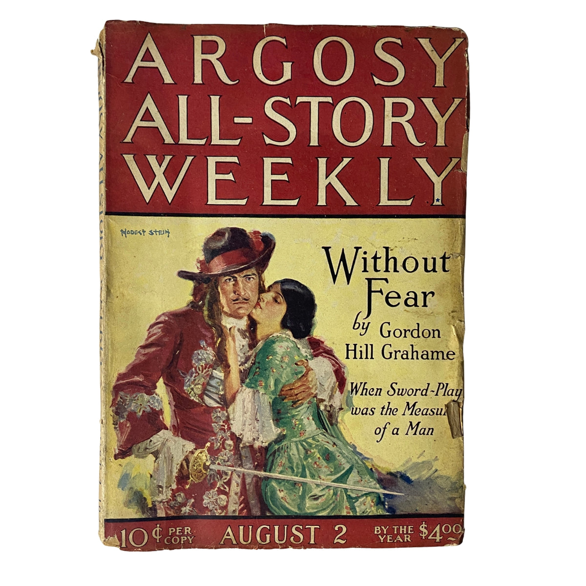 Cover of Argosy All-Story Weekly Pulp Magazine, August 2, 1924, titled 'Without Fear' by Gordon Hill Grahame, featuring an illustration of a man in historical attire embracing a woman, surrounded by vintage design elements.