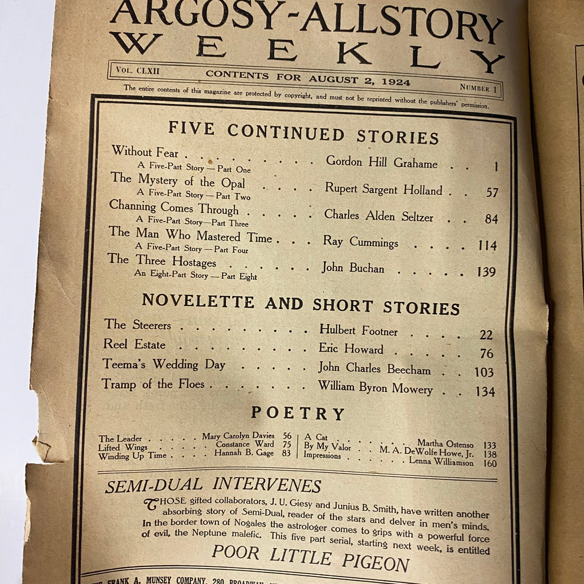 Contents page of Argosy All-Story Weekly Pulp Magazine, August 2, 1924, listing featured stories and poetry including 'Without Fear' by Gordon Hill Grahame and other selections.