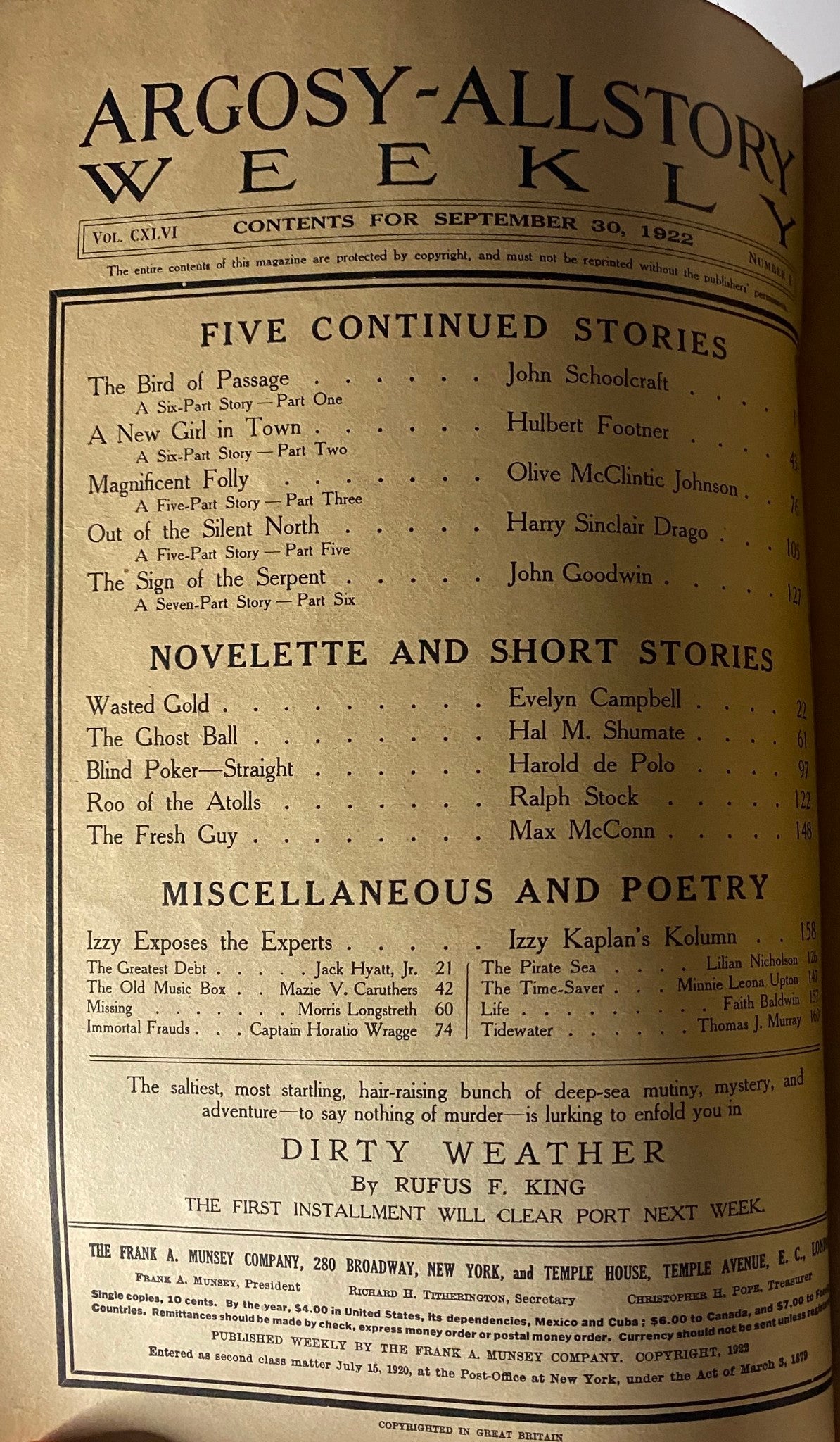 Table of contents from Argosy All-Story Weekly, September 30, 1922, listing stories including 'The Bird of Passage' by John Schoolcraft and other contributions, reflecting the magazine's early 20th-century pulp style.