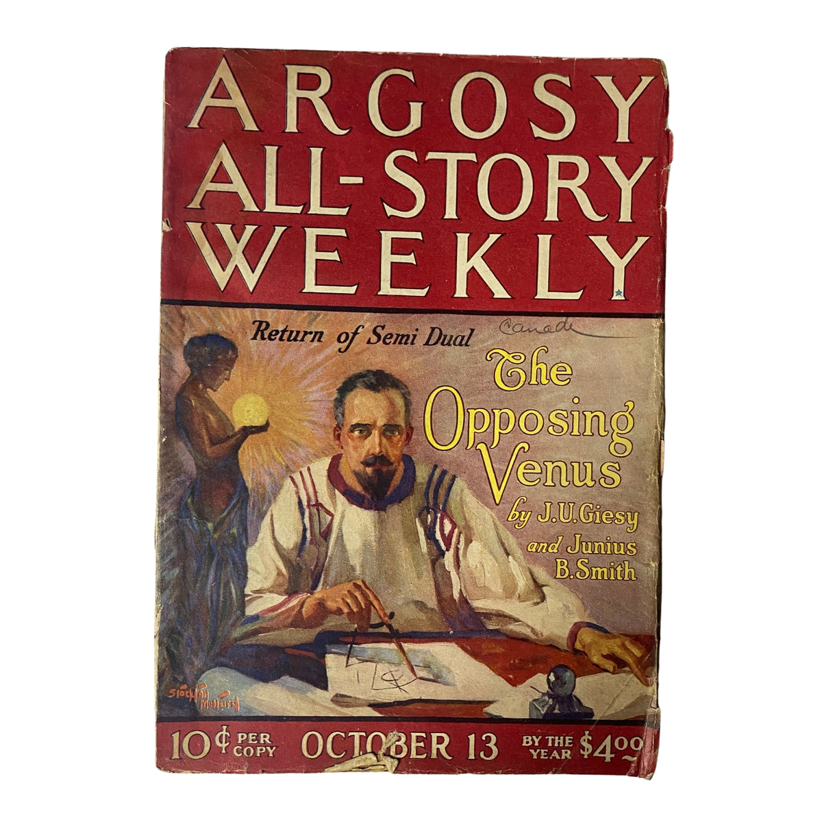 Cover of Argosy All-Story Weekly magazine from October 13, 1923 featuring 'The Opposing Venus' by J.U. Giesy and Junius B. Smith, showcasing vintage illustration and pulp fiction style.