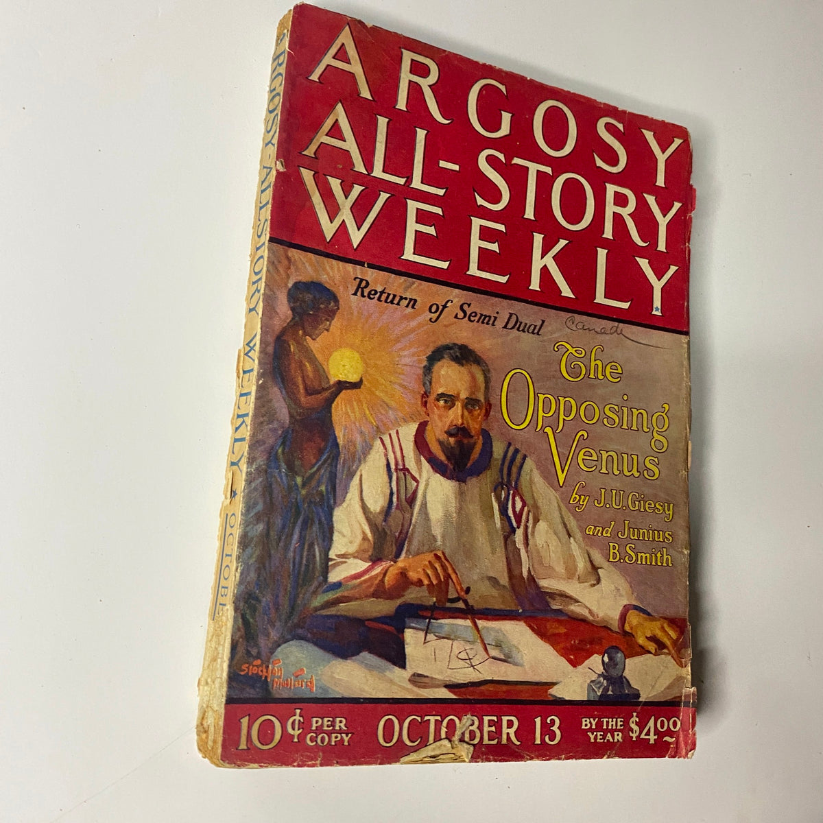 Close-up view of the cover of Argosy All-Story Weekly, October 13, 1923, highlighting the title 'The Opposing Venus' by J.U. Giesy and Junius B. Smith, with distinct pulp magazine artwork.