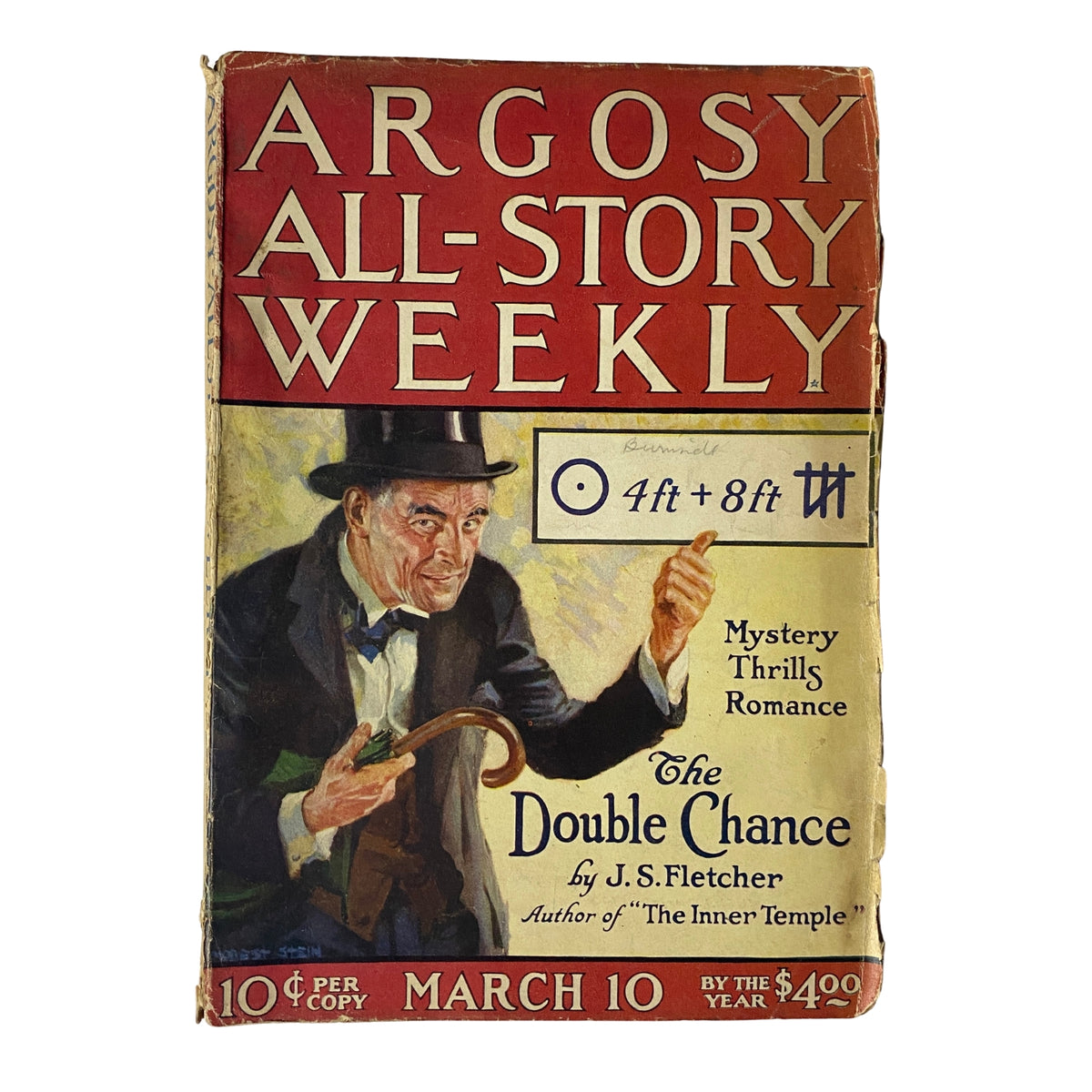 Cover of Argosy All-Story Weekly, March 10, 1923, featuring the title 'The Double Chance' by J. S. Fletcher. The colorful design showcases a man in a top hat holding a cane, embodying the mystery and romance themes of the magazine.