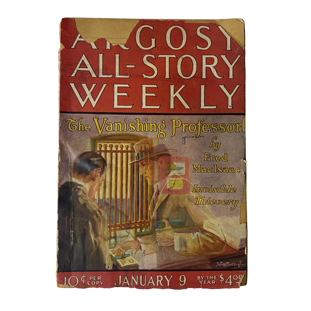 Cover of Argosy All-Story Weekly magazine from January 9, 1926 featuring 'The Vanishing Professor' by Fred MacIsaac and illustrations related to the story and theme.