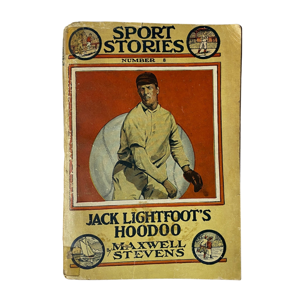 Cover of Jack Lightfoot's Hoodoo, Stevens-Street & Smith Sport Stories #8, featuring a vintage illustration of a baseball player.