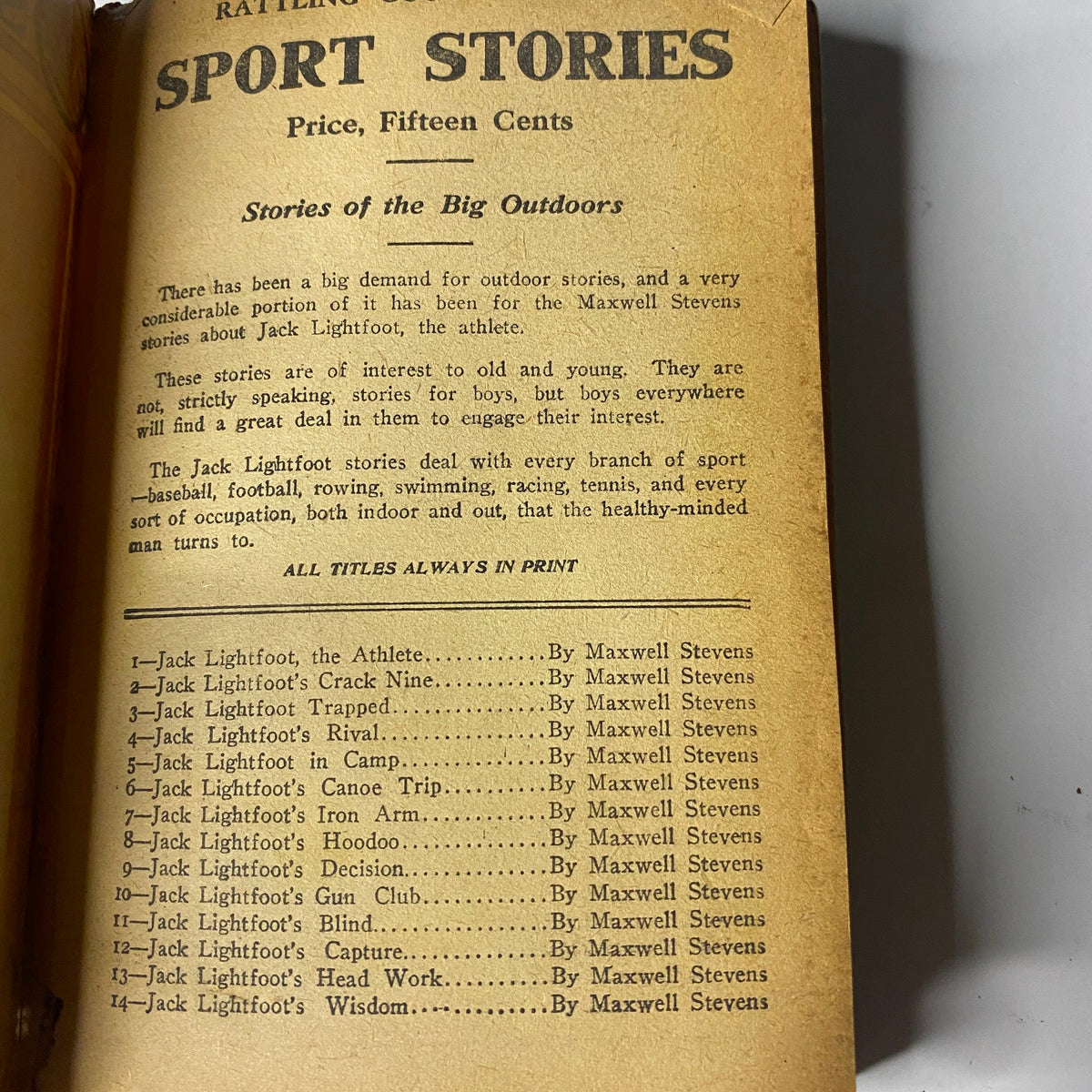 Interior page of Jack Lightfoot's Hoodoo from Sport Stories, displaying the table of contents and list of titles by Maxwell Stevens.