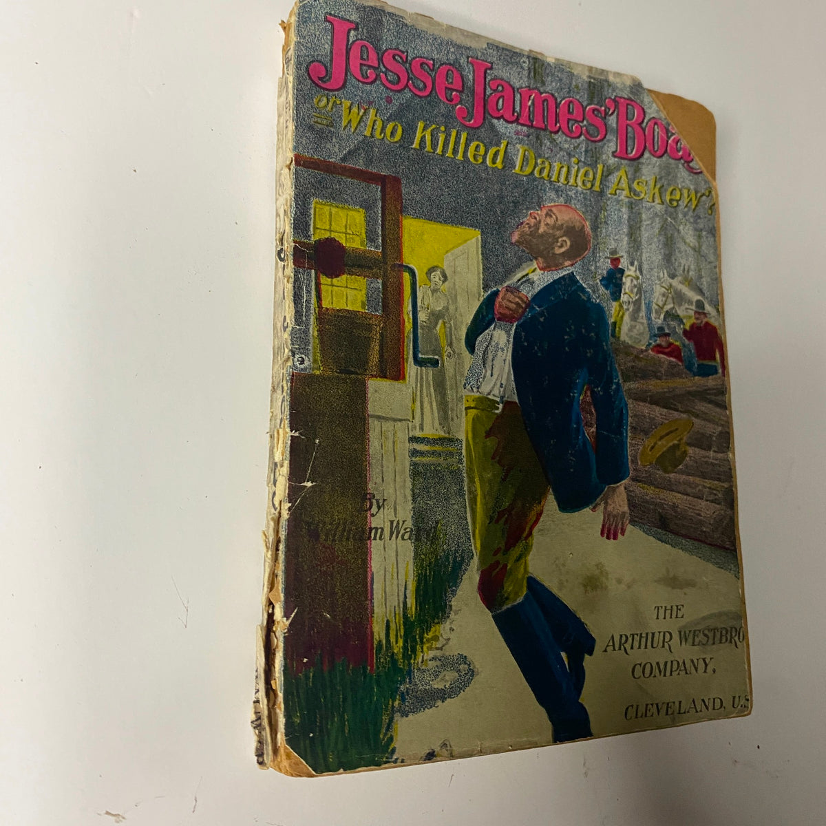 Side view of Jesse James' Boast or Who Killed Daniel Askew? by William Ward, showing the cover and spine with illustrations that reflect Wild West themes.