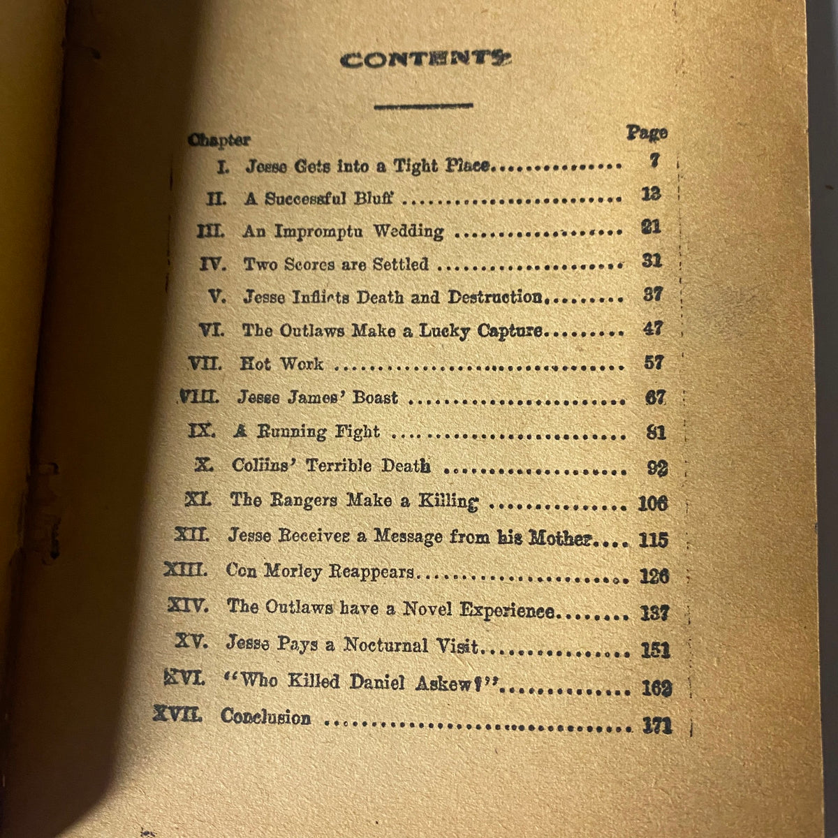 Table of contents page from Jesse James' Boast or Who Killed Daniel Askew? by William Ward, listing chapter titles and corresponding page numbers.