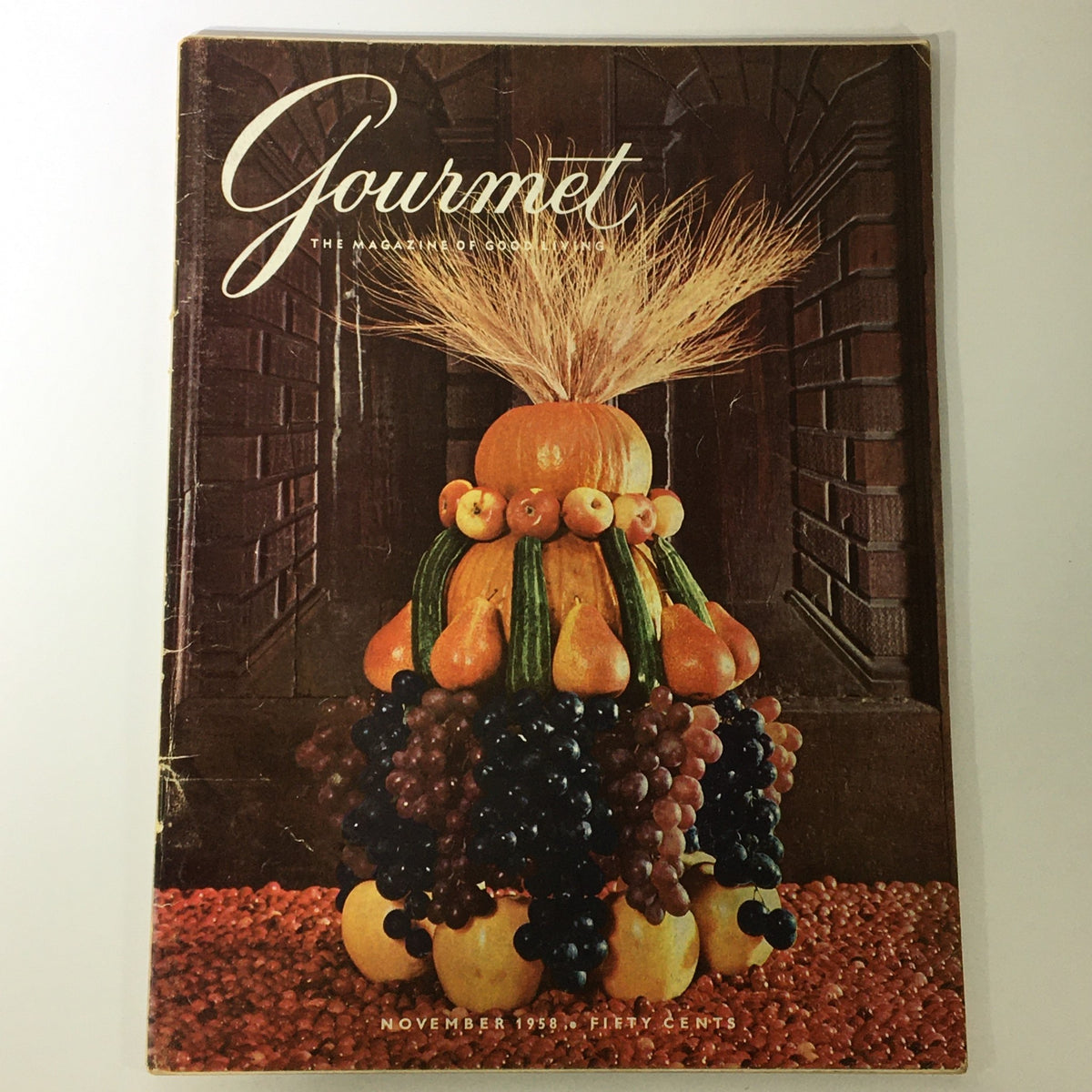 VTG Gourmet The Magazine of Good Living November 1958 Cover featuring a decorative arrangement of fruits, embodying mid-20th century culinary art.
