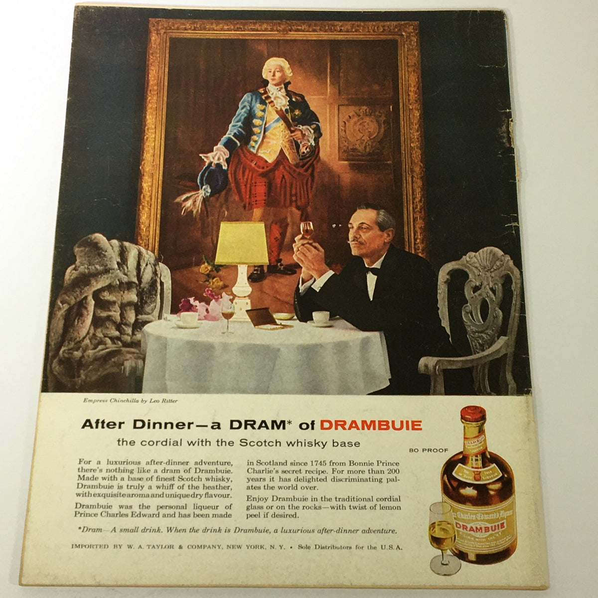 Back cover of Gourmet Magazine September 1958 showcasing an advertisement for Drambuie with a man in formal attire enjoying a drink.