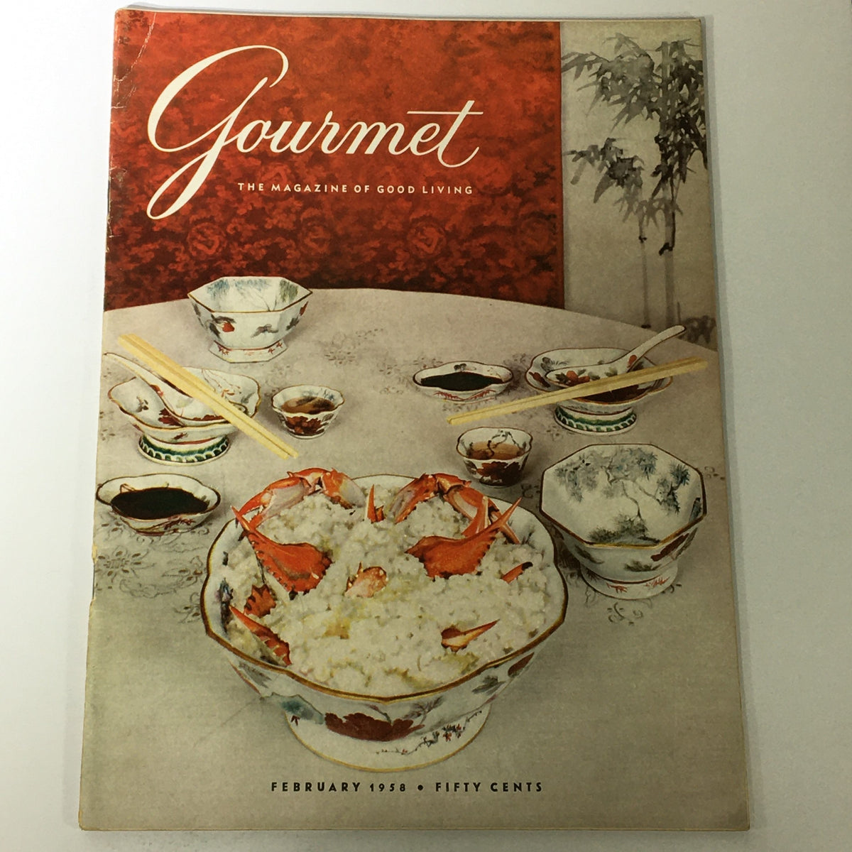 VTG Gourmet Magazine - Apricots in the Bloom, February 1958 cover featuring a beautifully arranged table with Asian-style dishes and decorations.