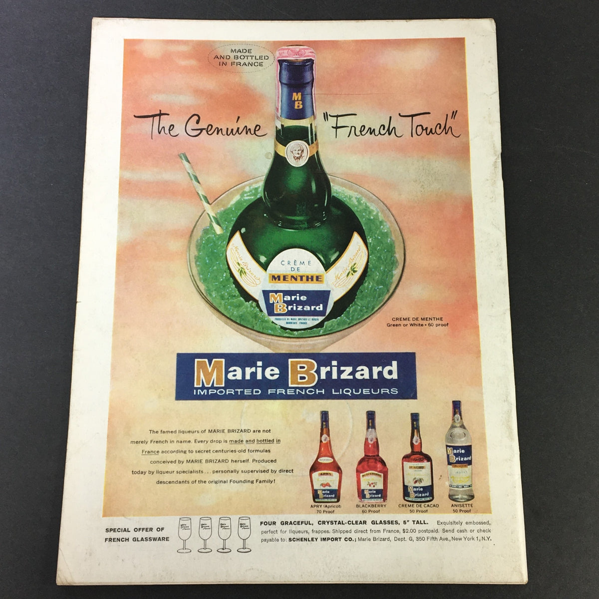 Back cover advertisement of VTG Gourmet The Magazine of Good Living August 1959, showcasing Marie Brizard French liqueurs with a bottle and cocktail.