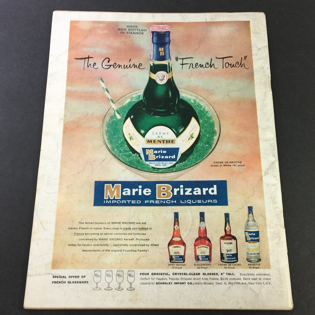 Back cover of VTG Gourmet: The Magazine of Good Living, August 1959, featuring an advertisement for Marie Brizard imported French liqueurs.