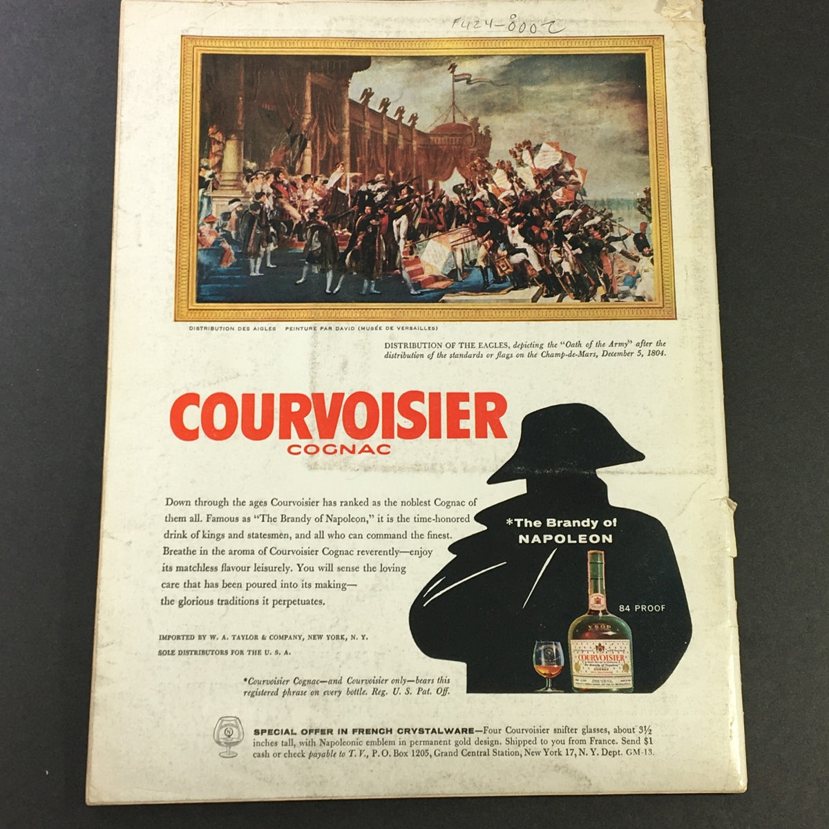 Back cover of VTG Gourmet The Magazine of Good Living December 1958 - Seasoned Greetings displaying an advertisement for Courvoisier Cognac with a historical painting.