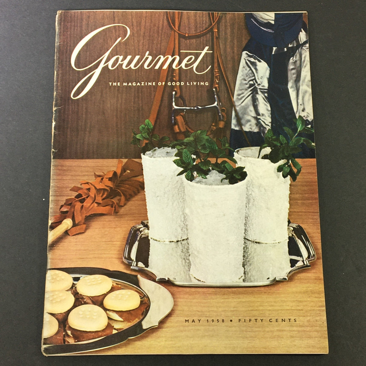 Cover of VTG Gourmet Magazine, May 1958, featuring a stylish presentation with mint plants in decorative cups and baked goods on a silver tray.