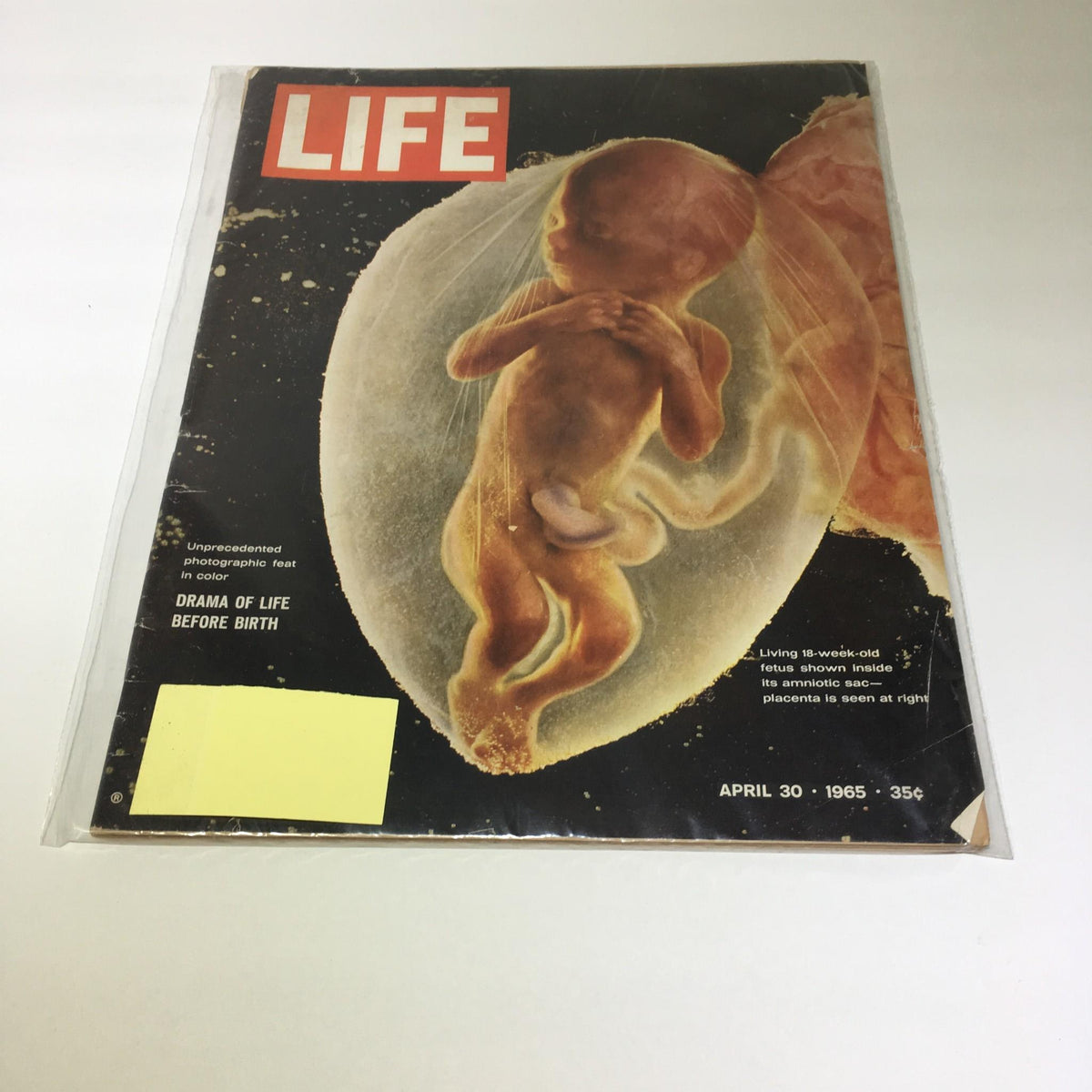 Life Magazine cover from April 30, 1965, featuring the title 'Drama Of Life Before Birth.' The cover showcases a vivid image of an 18-week-old fetus inside its amniotic sac, with a glimpse of the placenta. This historical magazine encapsulates a significant moment in cultural and scientific dialogue about prenatal development.