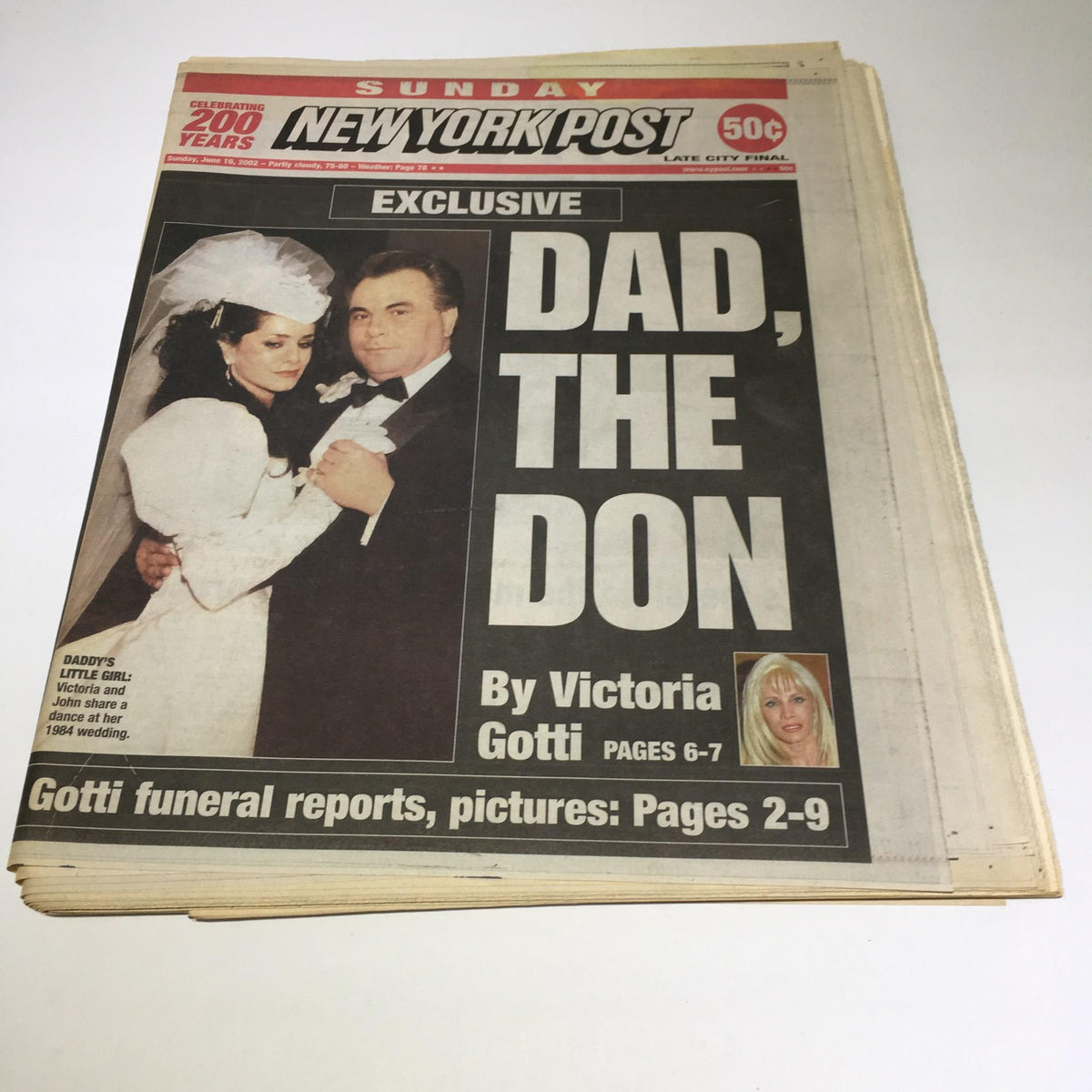 New York Post from June 16, 2002 featuring Victoria and John sharing a dance at her 1984 wedding on the front page.