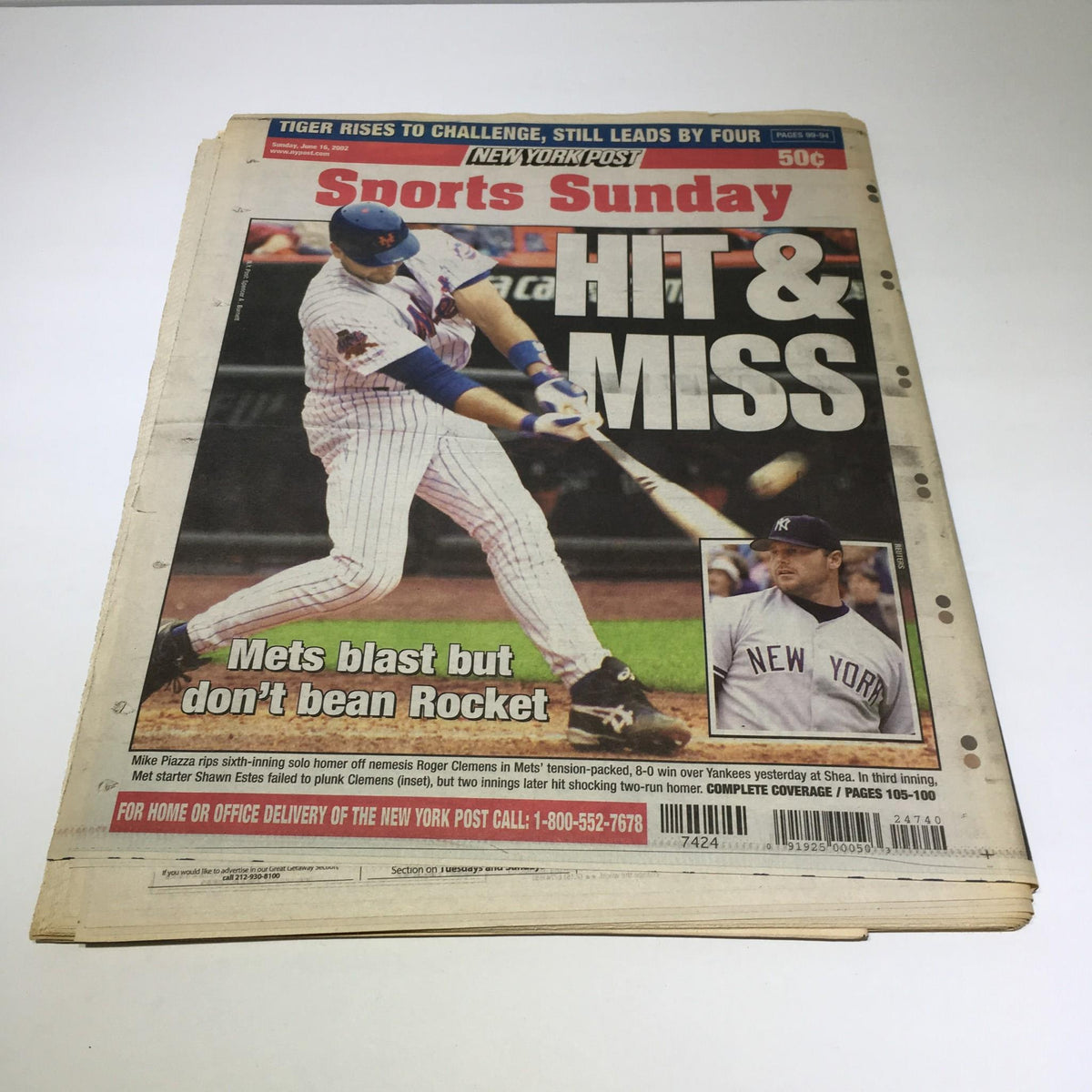 Sports section of the New York Post from June 16, 2002 with the headline 'HIT & MISS', showcasing a baseball player's action shot.