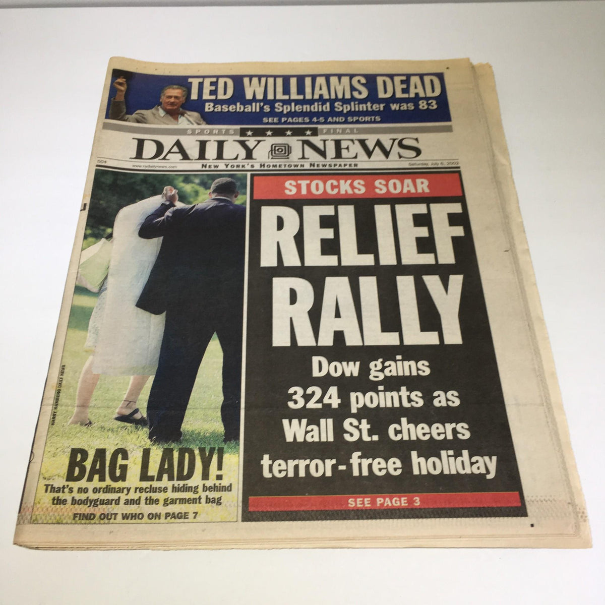 NY Daily News front page from July 6, 2002, featuring the Relief Rally headline and a tribute to Ted Williams, celebrating his legacy as a former Red Sox player who passed away in 2002.