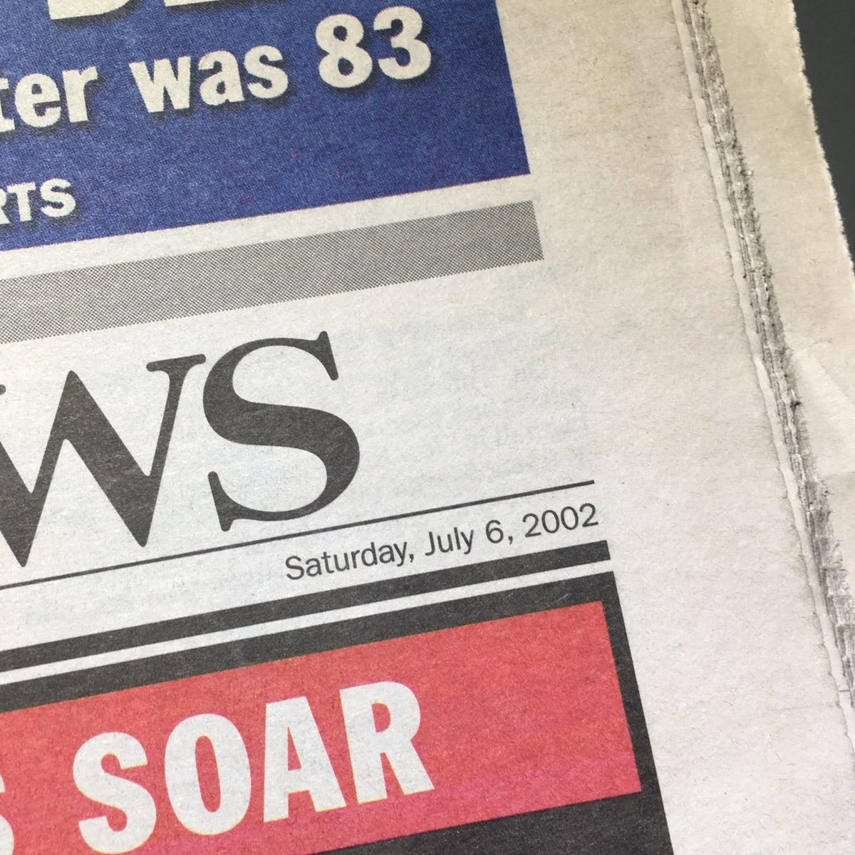NY Daily News cover from July 6, 2002, displaying the headline about the Relief Rally and the passing of Ted Williams, former Red Sox player, who was 83 years old.