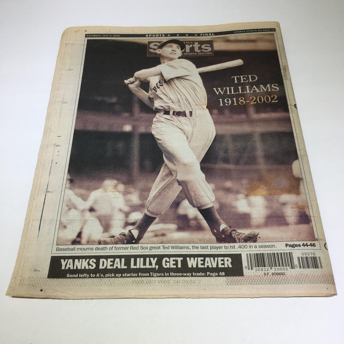 Sports section of the NY Daily News from July 6, 2002, featuring a tribute to Ted Williams (1918-2002) with an image of him in action as a Boston Red Sox player.