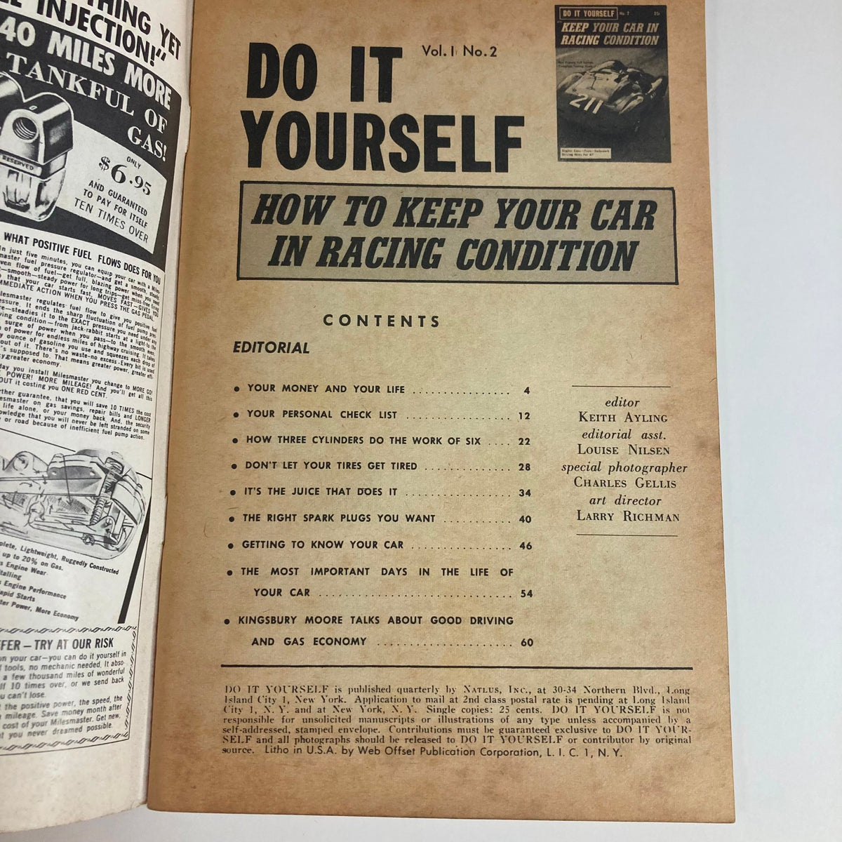 Interior page of Do It Yourself Magazine Vol 1 No. 2 showcasing the editor's note and contents section about car maintenance and racing condition tips.