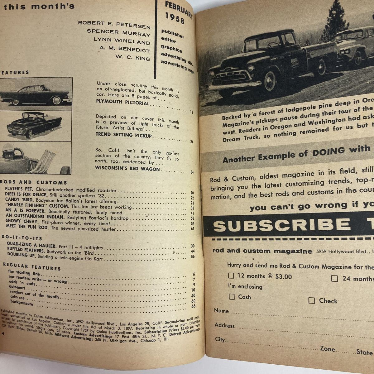 Inside page of VTG Rod & Custom Magazine February 1958, displaying articles and features including the Wisconsin's Red Wagon, highlighting the magazine's historical significance in automotive design.