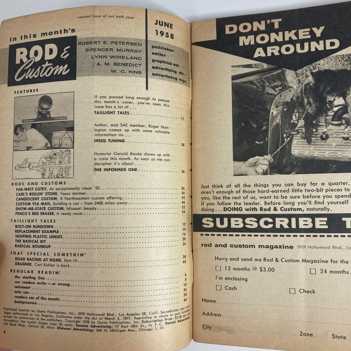 Inside view of VTG Rod & Custom Magazine June 1958 showcasing featured articles including taillight tips and subscription information.