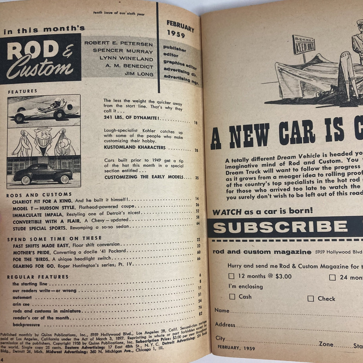 Interior page of VTG Rod & Customs Magazine February 1959, showcasing features and articles, including '241 lbs. of Dynamite' and tips for customizing cars.