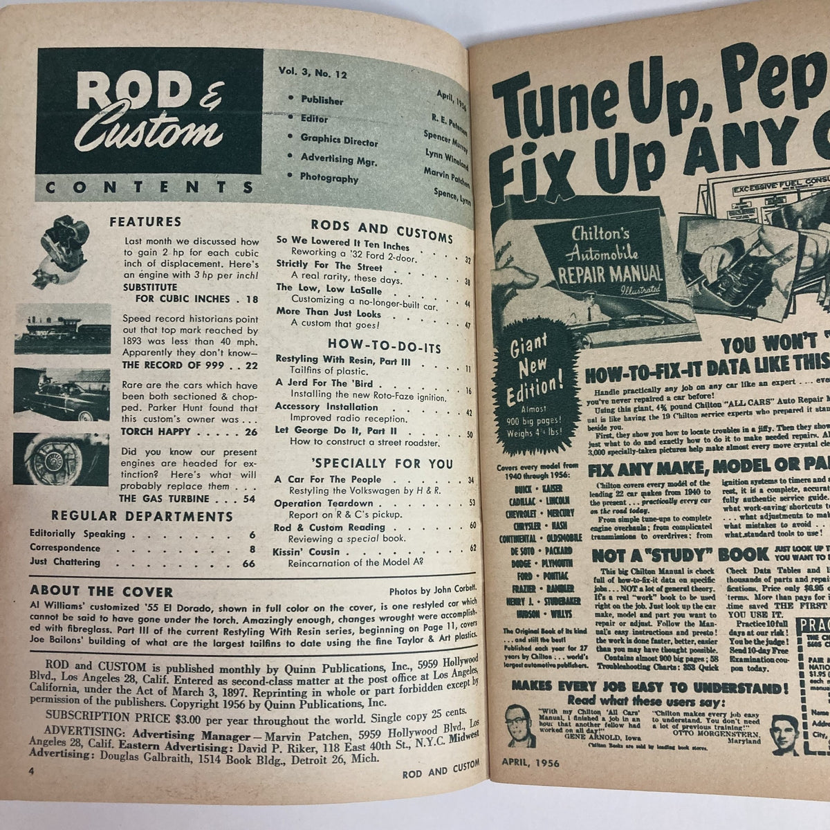 Inside page of Rod & Custom Magazine April 1956 Volume 3 Number 12 displaying the table of contents and featured articles related to classic car restoration.