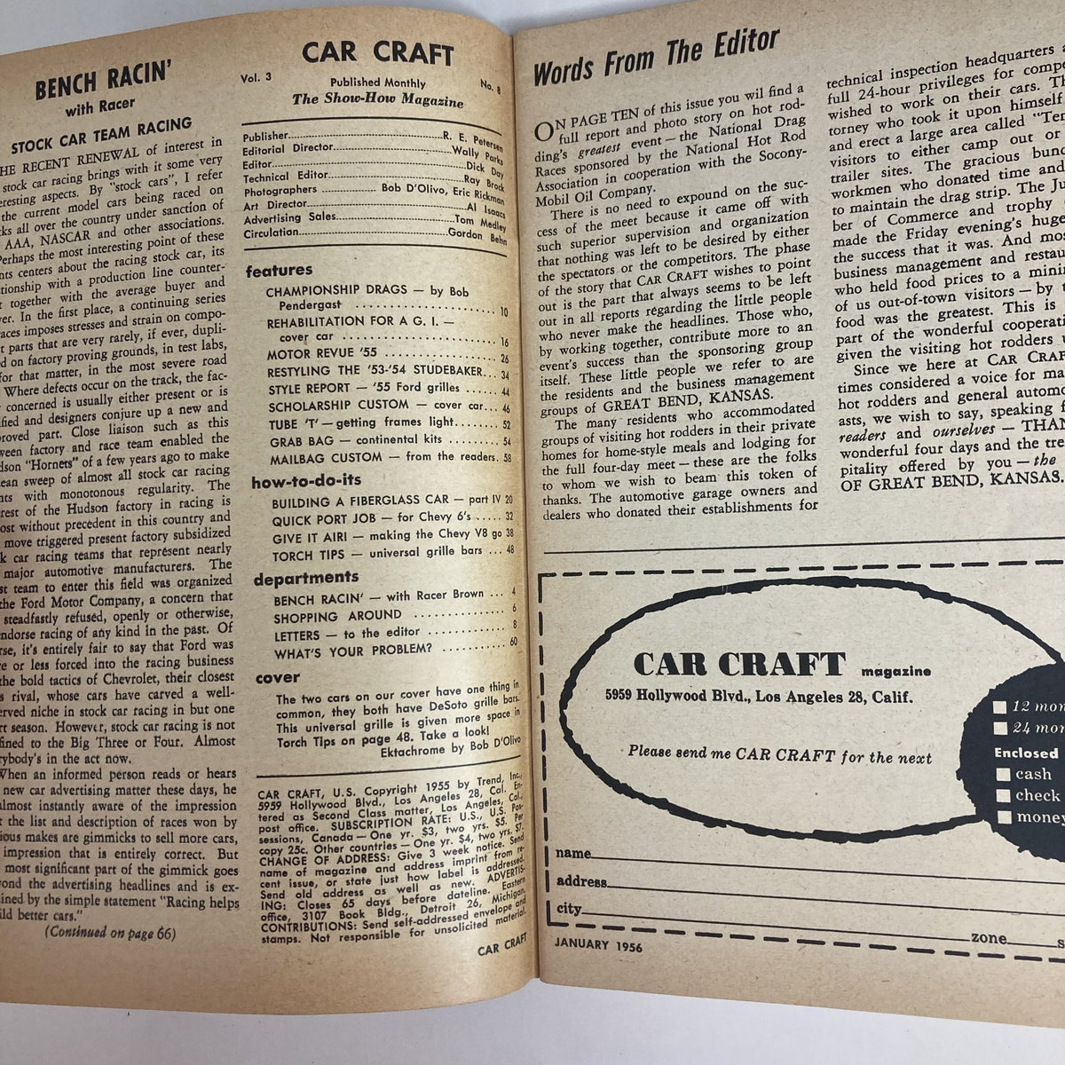 Inside page of VTG Car Craft Magazine January 1956 showing editorial content and features related to automotive design.