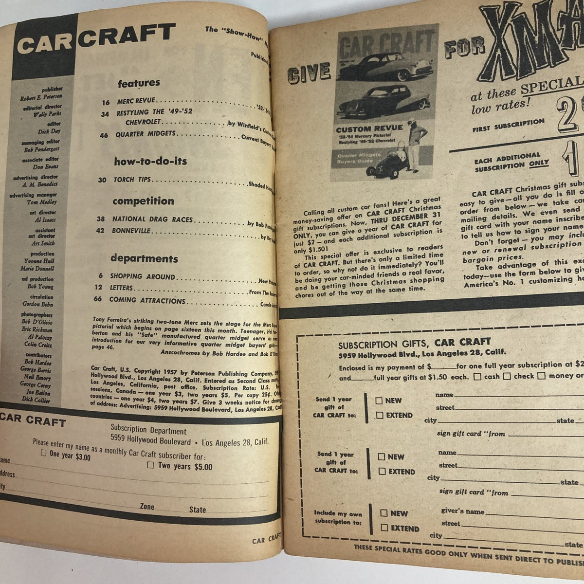 Interior page of the VTG Car Craft Magazine December 1957 featuring a list of features and subscription details. This issue includes the Quarter Midgets Buyers Guide, highlighting the significance of quarter midget racing in automotive history.