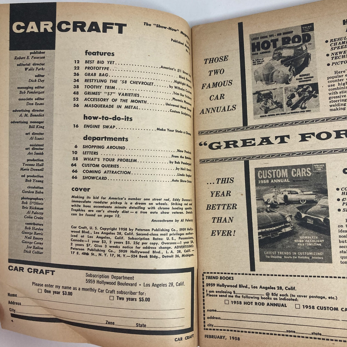 Inside page of VTG Car Craft Magazine February 1958 showcasing features and contents including customizing techniques and articles on classic cars.