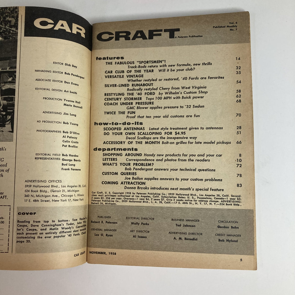 Interior page of VTG Car Craft Magazine November 1958 Vol 6 No. 7 showcasing features and articles relevant to classic cars and customization.