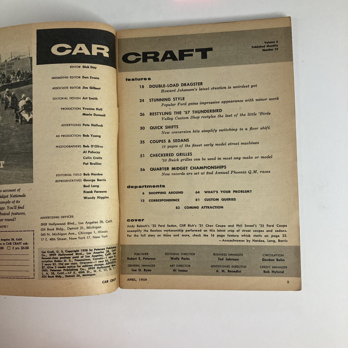 Interior page of VTG Car Craft Magazine April 1959 Vol 6 No. 12 listing features and articles, highlighting topics such as the Double-Load Dragster and Coupe & Sedan discussions.