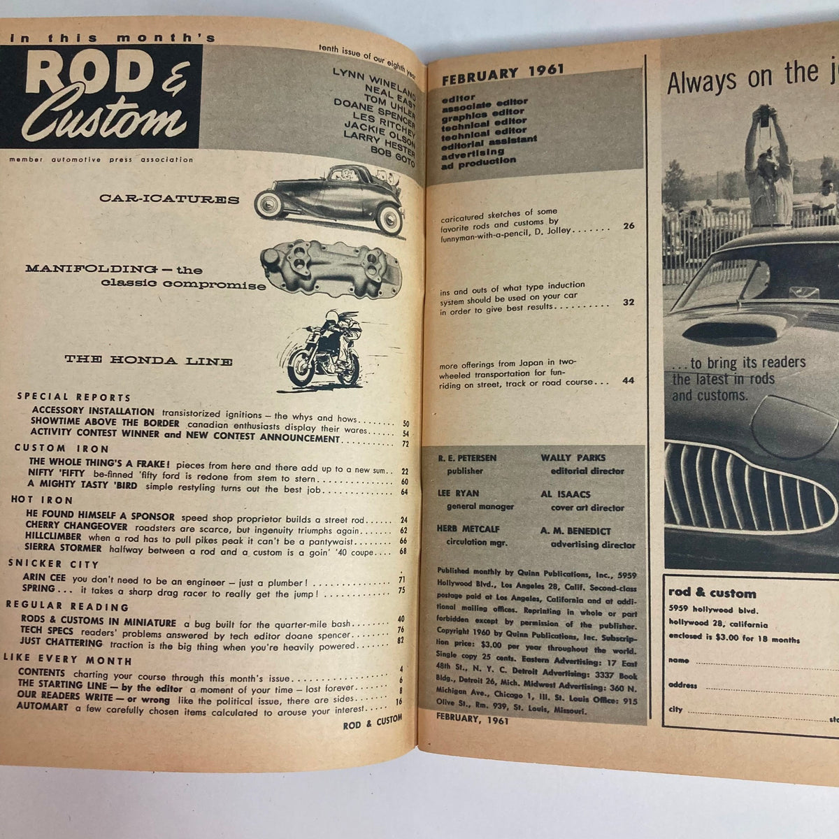VTG Rod & Custom Magazine February 1961 featuring car-icatures by Don Jolley, showcasing automotive illustrations and magazine highlights including sections on Honda line and custom modifications.
