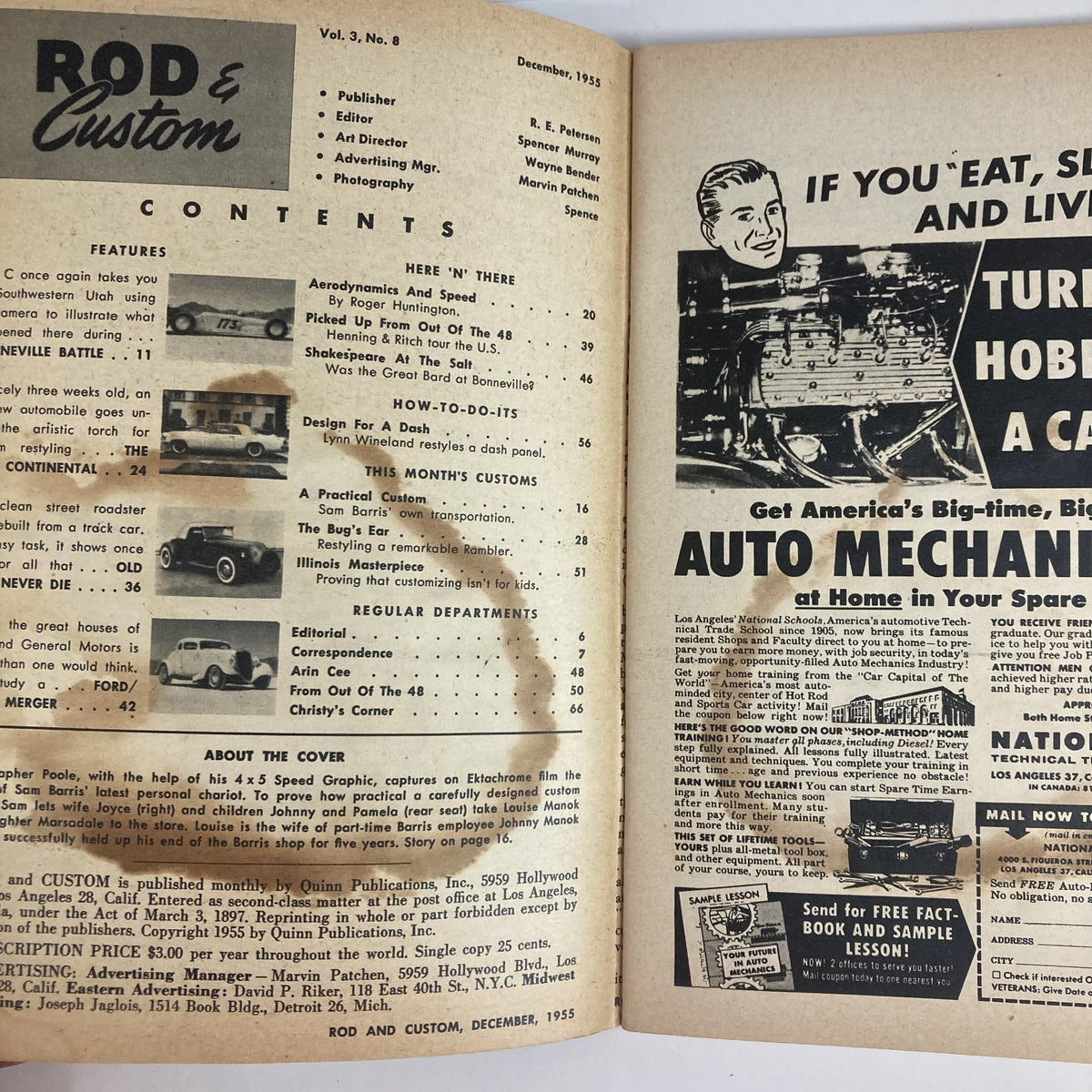 Inside page of VTG Rod & Custom Magazine December 1955 showing the contents section, detailing features and articles of Volume 3, Number 8.