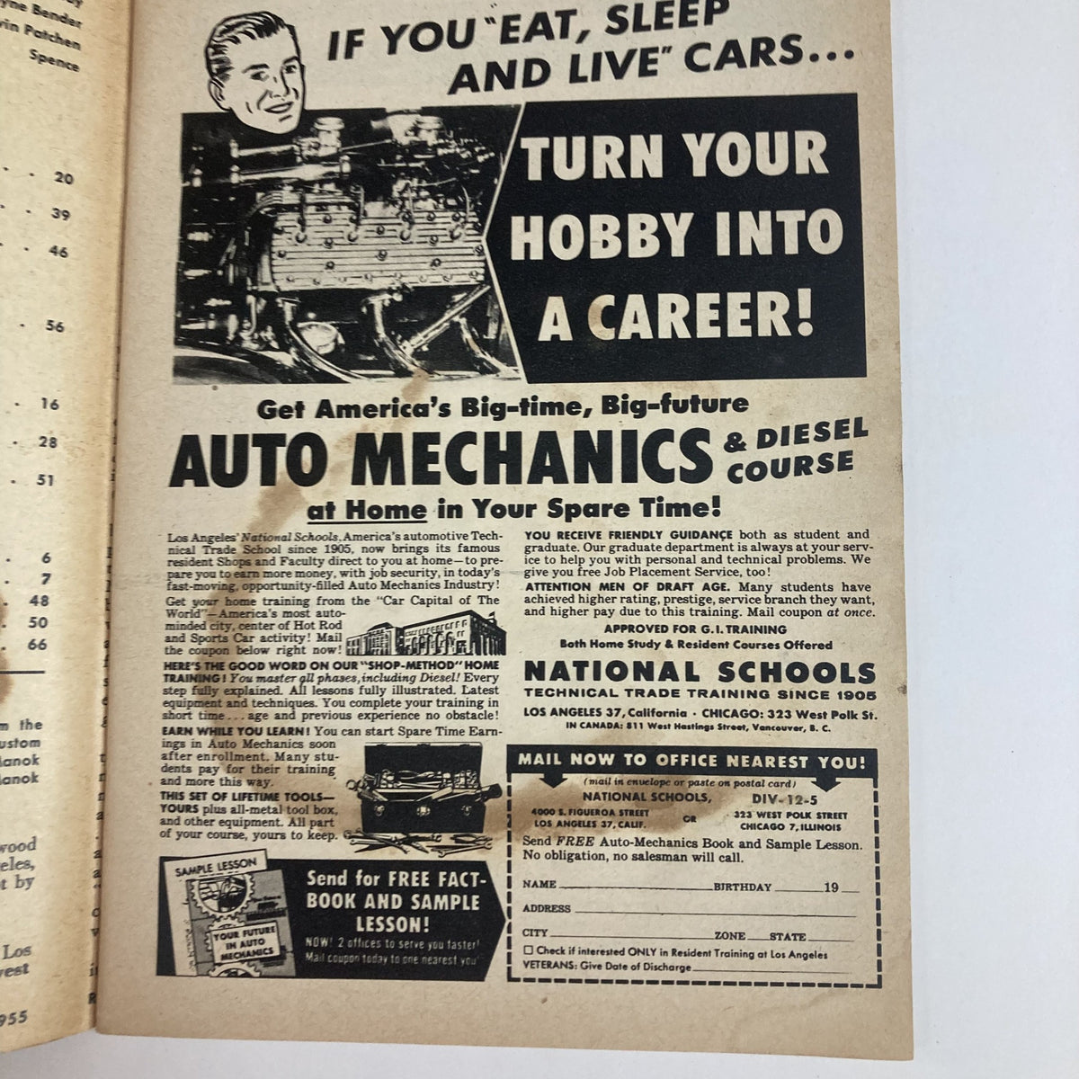 Vintage advertisement from the December 1955 issue of Rod & Custom Magazine, featuring a promotion for Auto Mechanics and Diesel Course, encouraging car enthusiasts to turn their hobby into a career.