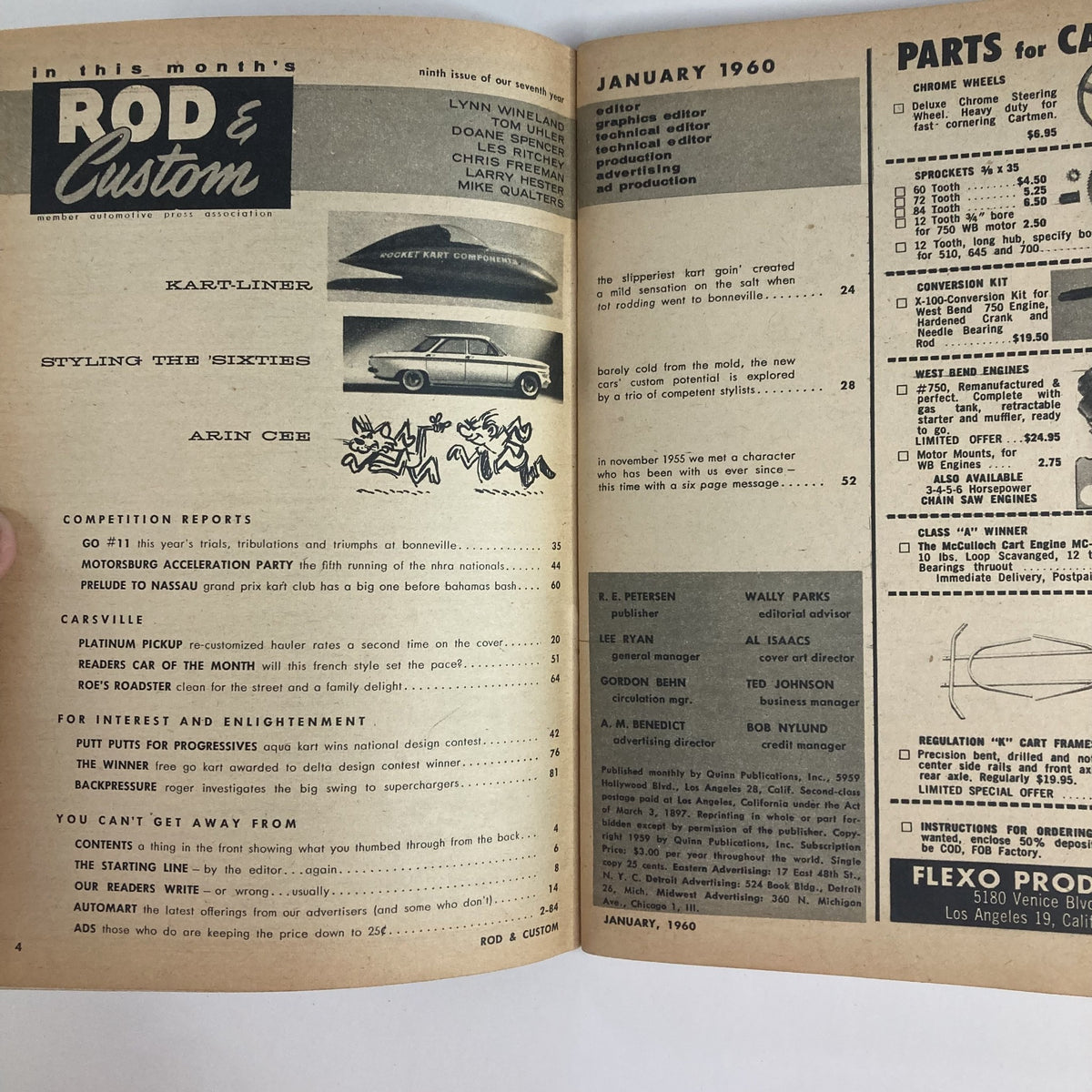 Inside page of VTG Rod & Custom Magazine January 1960 showing the table of contents and articles including Kart Streamliner and competition reports.