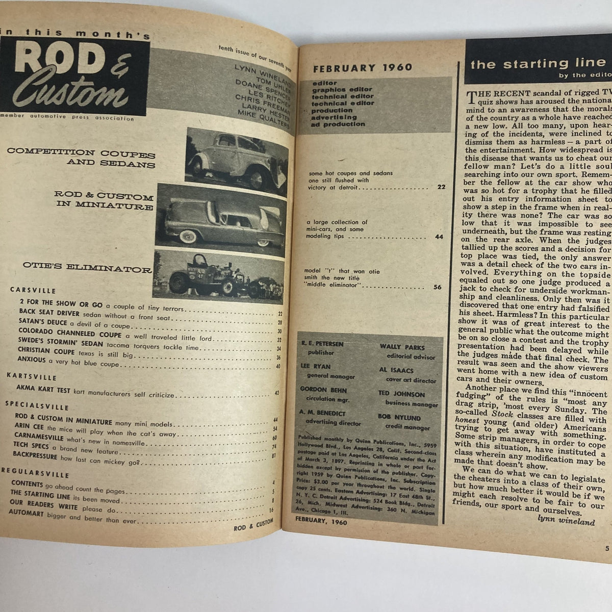 Interior page of VTG Rod & Custom Magazine February 1960, displaying table of contents and features sections focused on competition coupes and sedans, along with editorial credits.