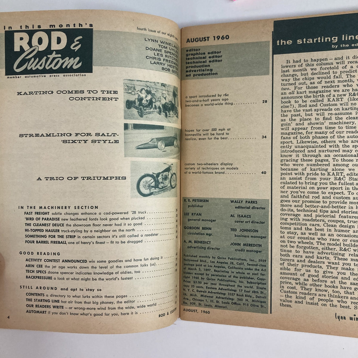 Interior page of VTG Rod & Custom Magazine August 1960, displaying the contents and titles of articles focusing on karting, automotive culture, and features from the era.