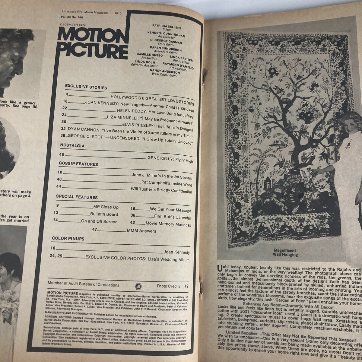 Inside page of VTG Motion Picture Magazine December 1974 Volume 63 Number 766 featuring contents and features including articles, color pinups, and exclusive stories related to Ava Gardner.