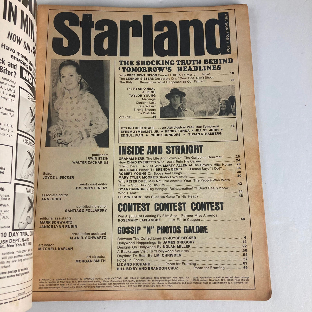 Inside page of VTG Starland Magazine November 1971 Vol 1 No. 7 featuring articles and features related to pop culture, including the Lennon Sisters.