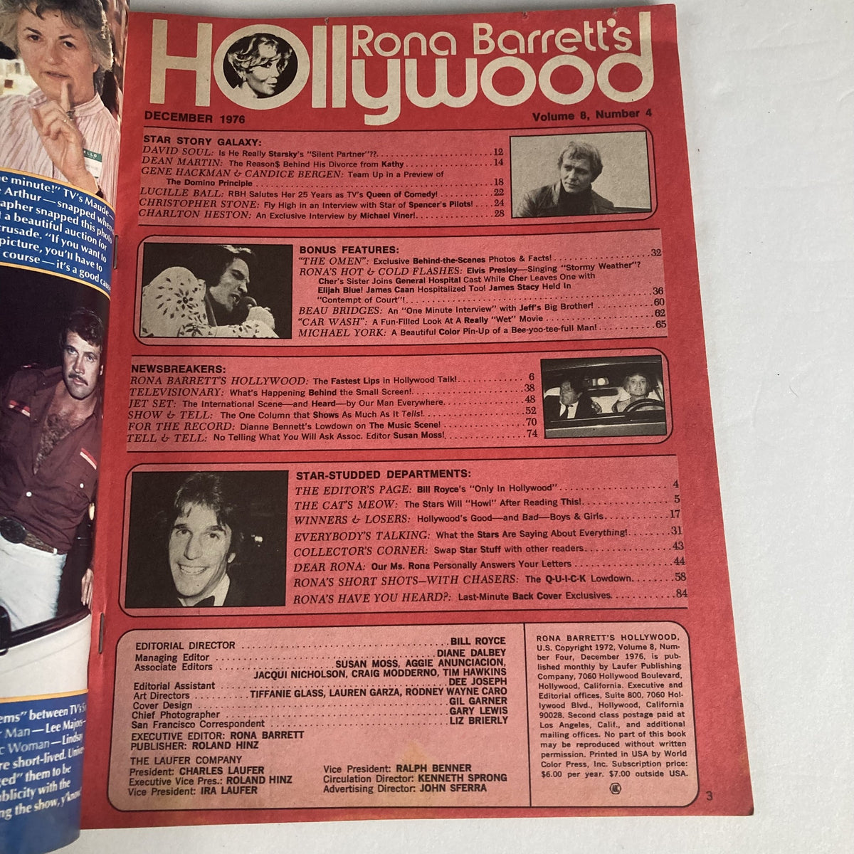Interior page of VTG Rona Barrett's Hollywood Magazine December 1976, highlighting articles and features from that issue, reflecting the entertainment industry of the era.