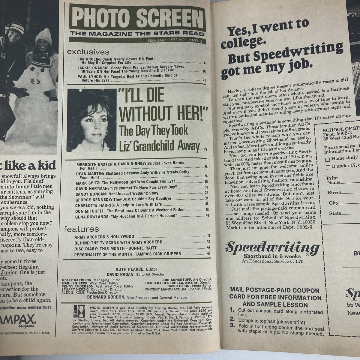 Vintage Photo Screen Magazine February 1973 Vol 8 No. 3 Jackie Kennedy No Label