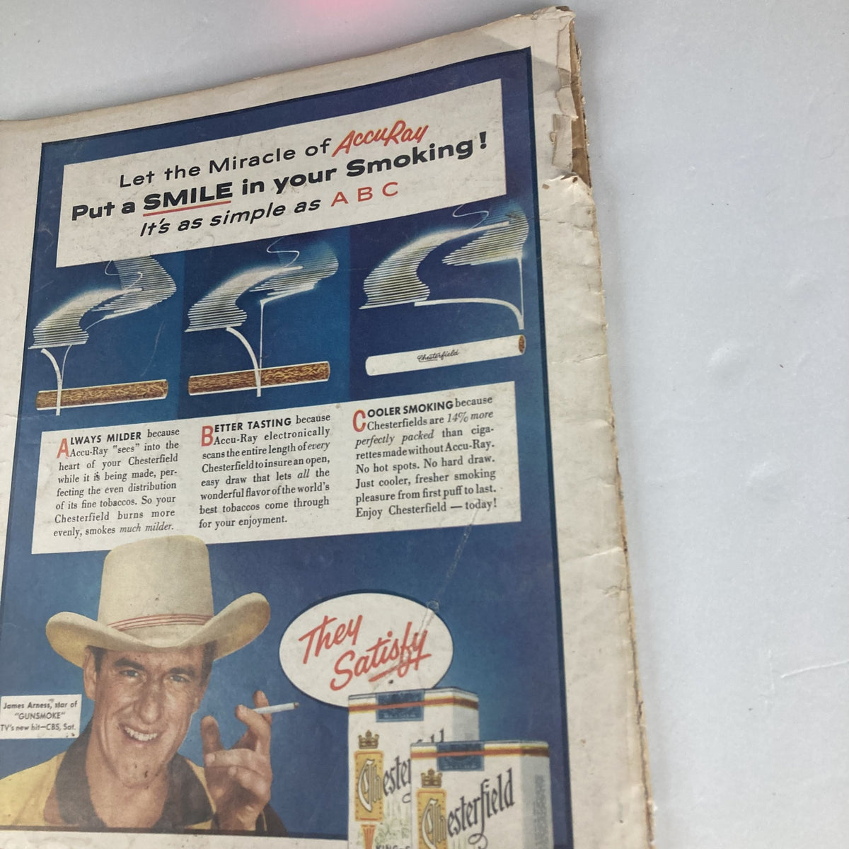 Back cover advertisement of the VTG Photoplay Magazine February 1956 featuring Chesterfield cigarettes with a smiling man, promoting smoking benefits and Accu-Ray technology.