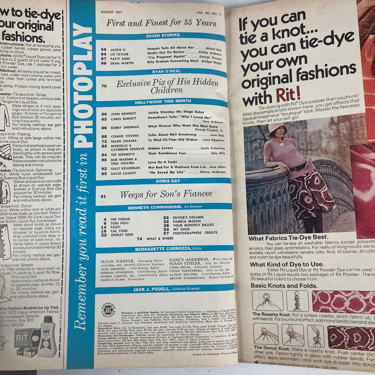 Table of contents from VTG Photoplay Magazine August 1971, Volume 80, Number 2, highlighting articles about celebrities such as Jackie Kennedy and Ryan O'Neal, and featuring a tie-dye fashion advertisement.