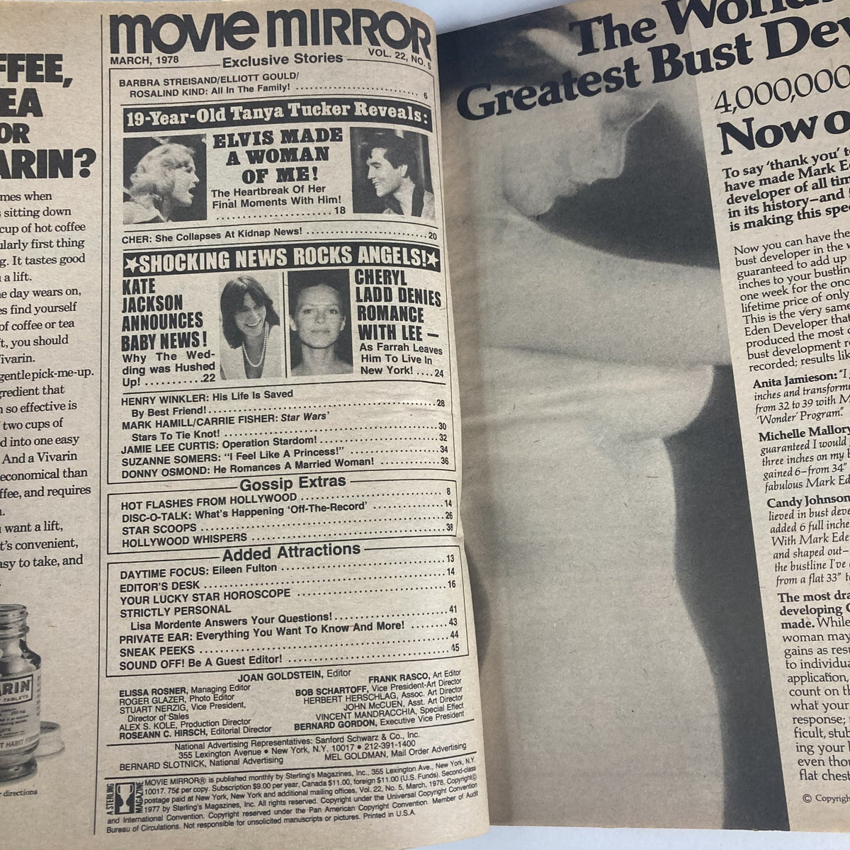 Inside page of VTG Movie Mirror Magazine March 1978 Vol 22 No. 5 featuring headlines about Elvis Presley, Tanya Tucker, and a variety of entertainment news from the late 1970s.