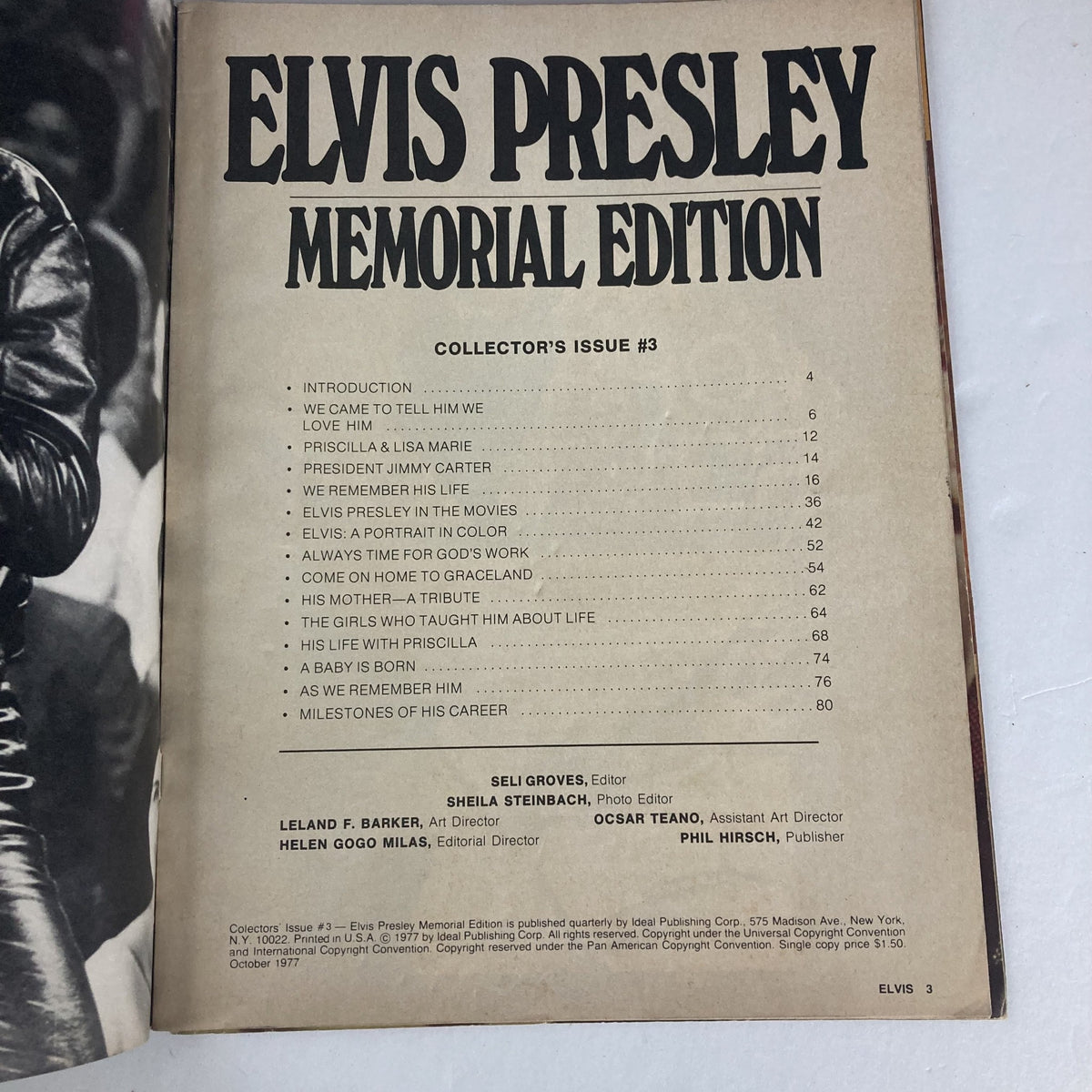 Inside page of the VTG Collector's Issue #3 1977 Elvis Presley Memorial Edition, featuring the table of contents and articles related to Elvis Presley.